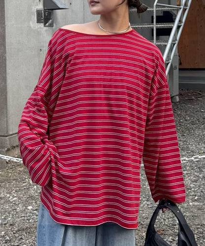 透視斜紋條紋單點刺繡寬鬆T恤