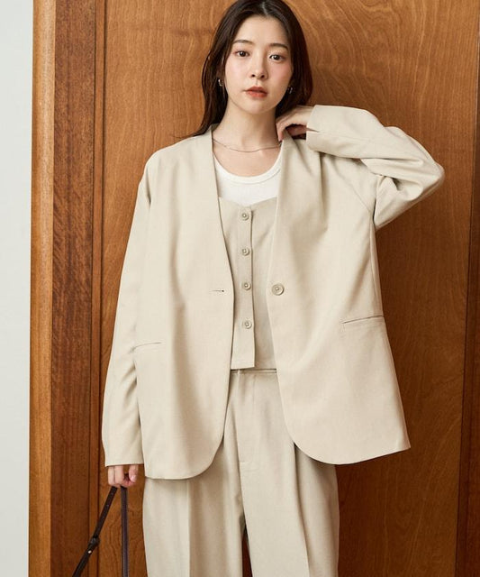 柔軟觸感斜紋無領夾克(可搭配套裝)