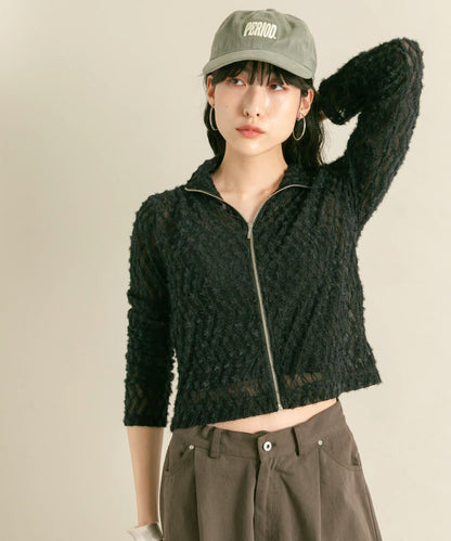 前拉鍊羽毛長袖T恤