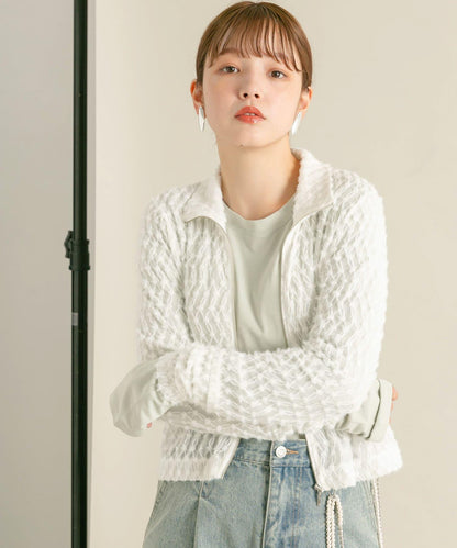 前拉鍊羽毛長袖T恤