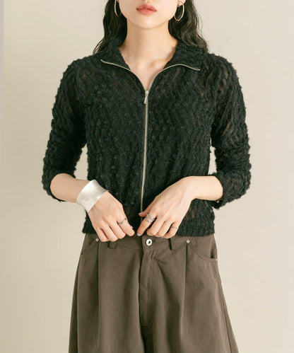 前拉鍊羽毛長袖T恤