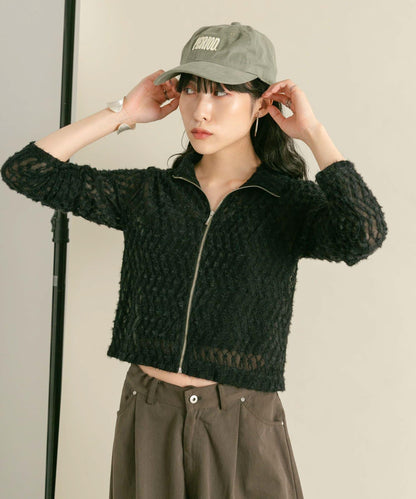 前拉鍊羽毛長袖T恤