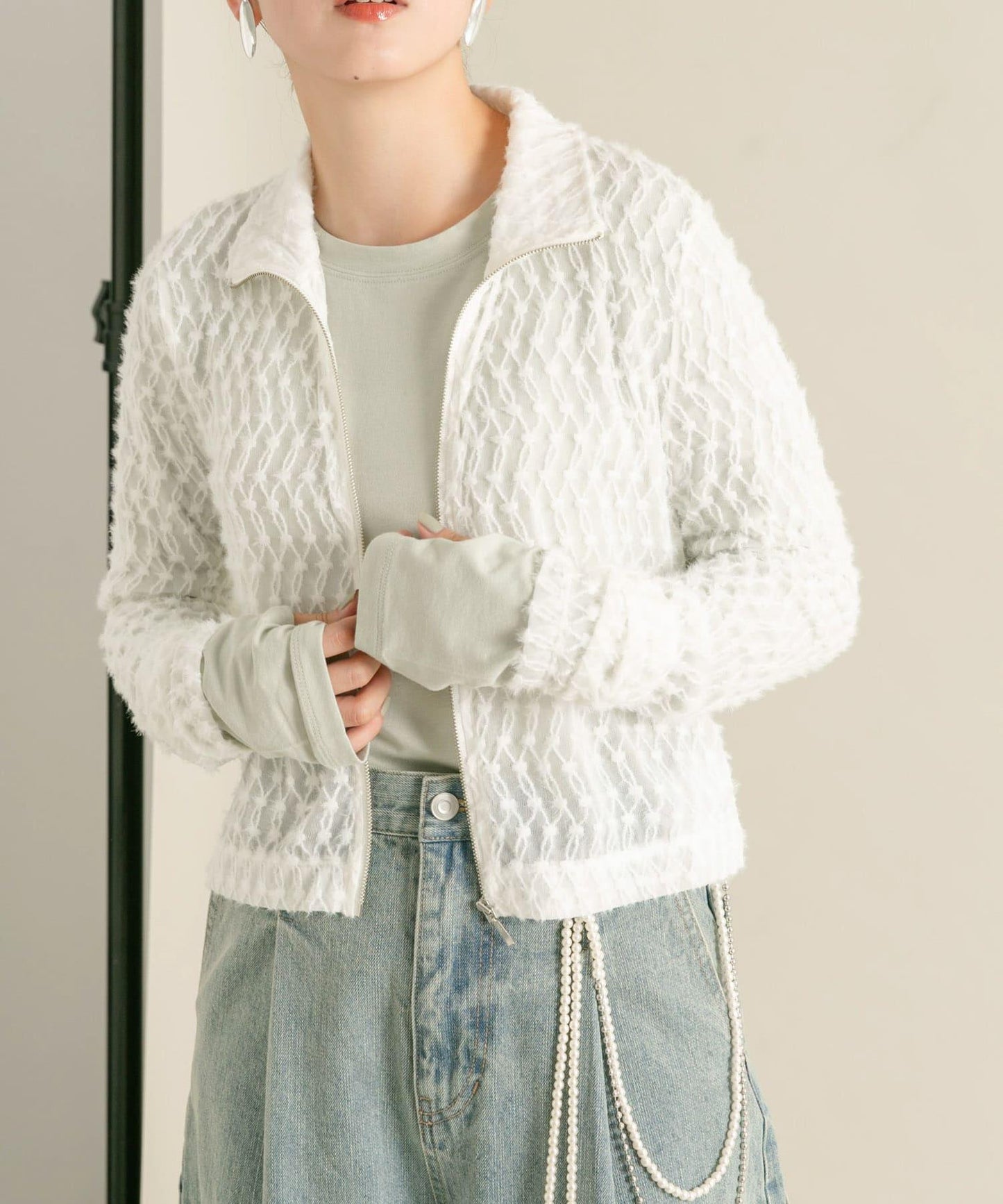 前拉鍊羽毛長袖T恤