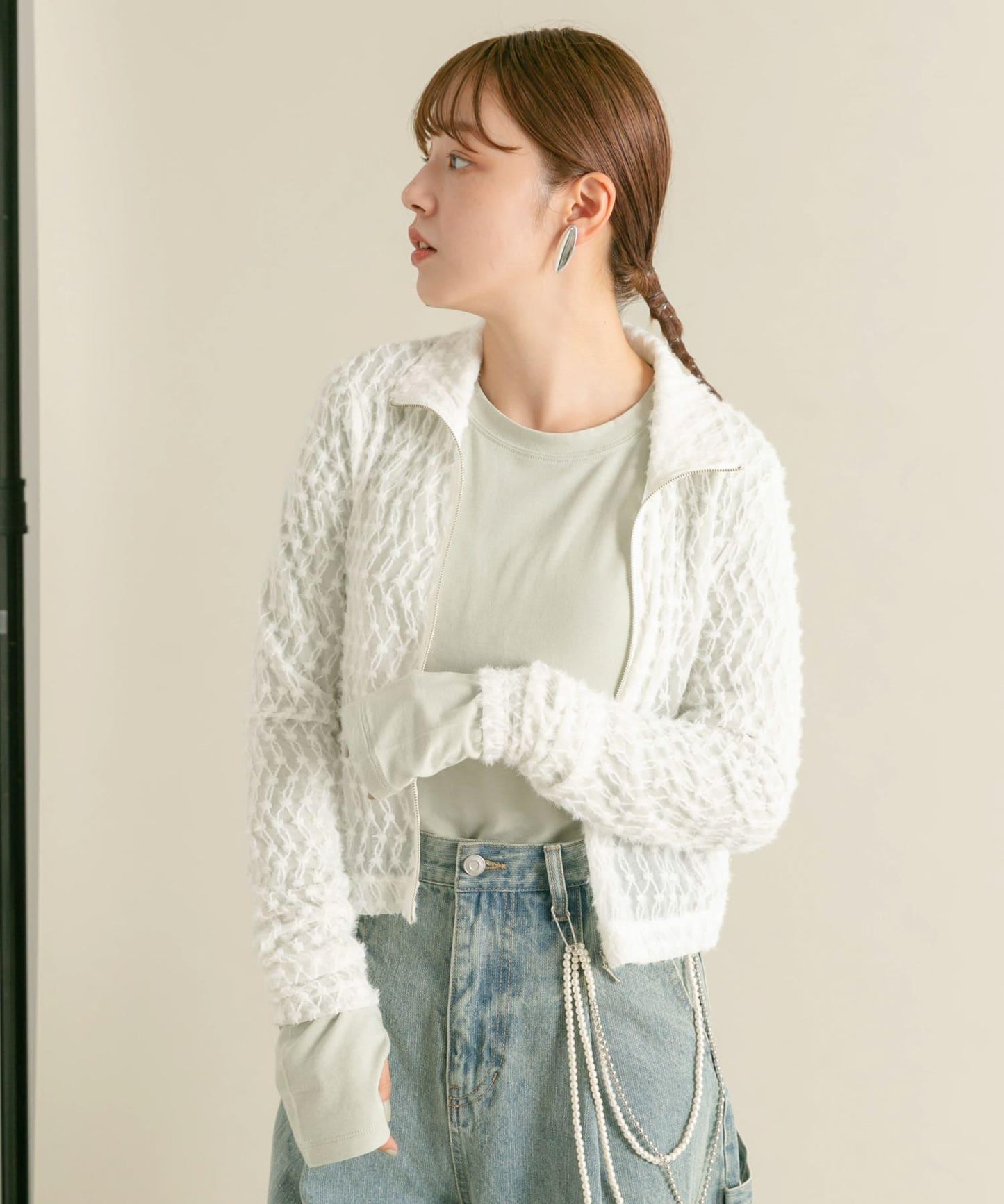 前拉鍊羽毛長袖T恤