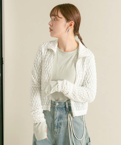 前拉鍊羽毛長袖T恤