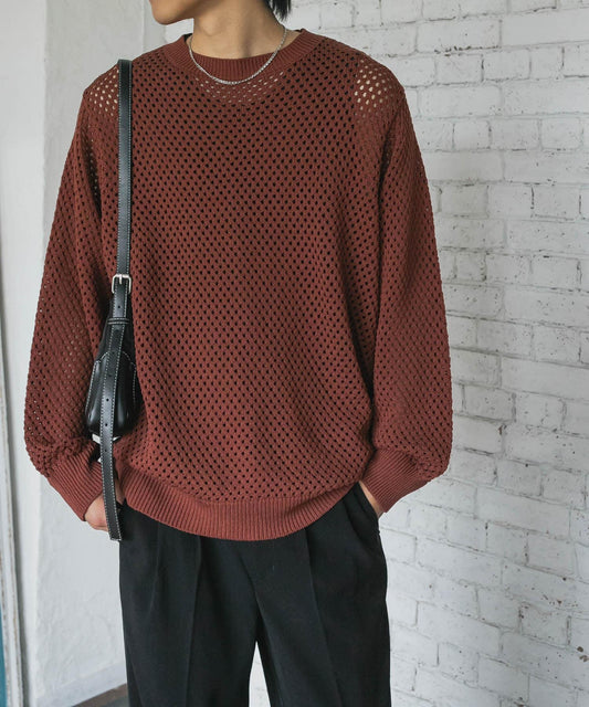 可水洗透視網紗圓領針織衫