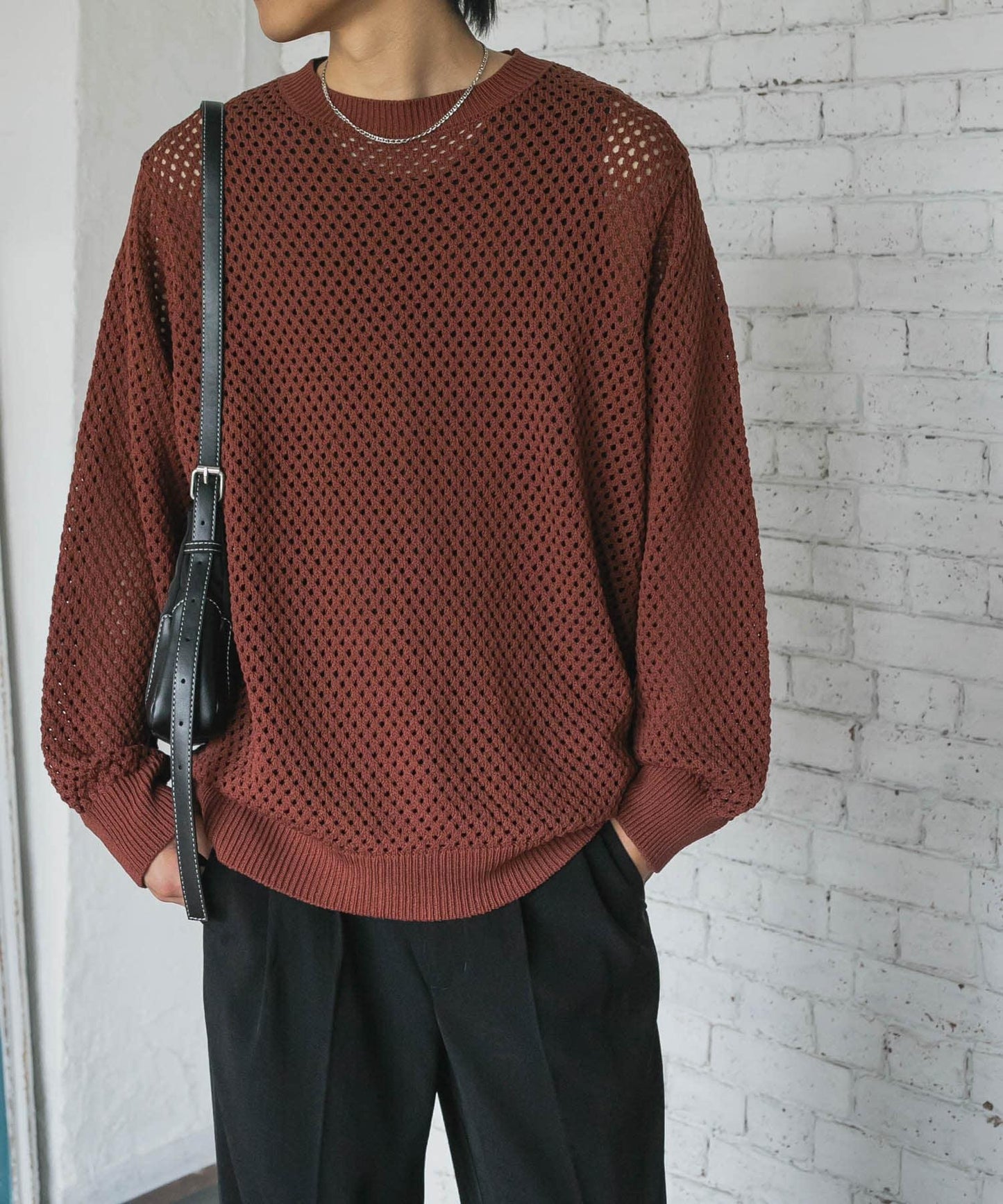 可水洗透視網紗圓領針織衫