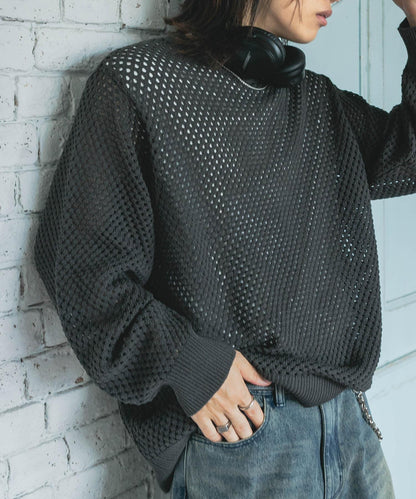可水洗透視網紗圓領針織衫