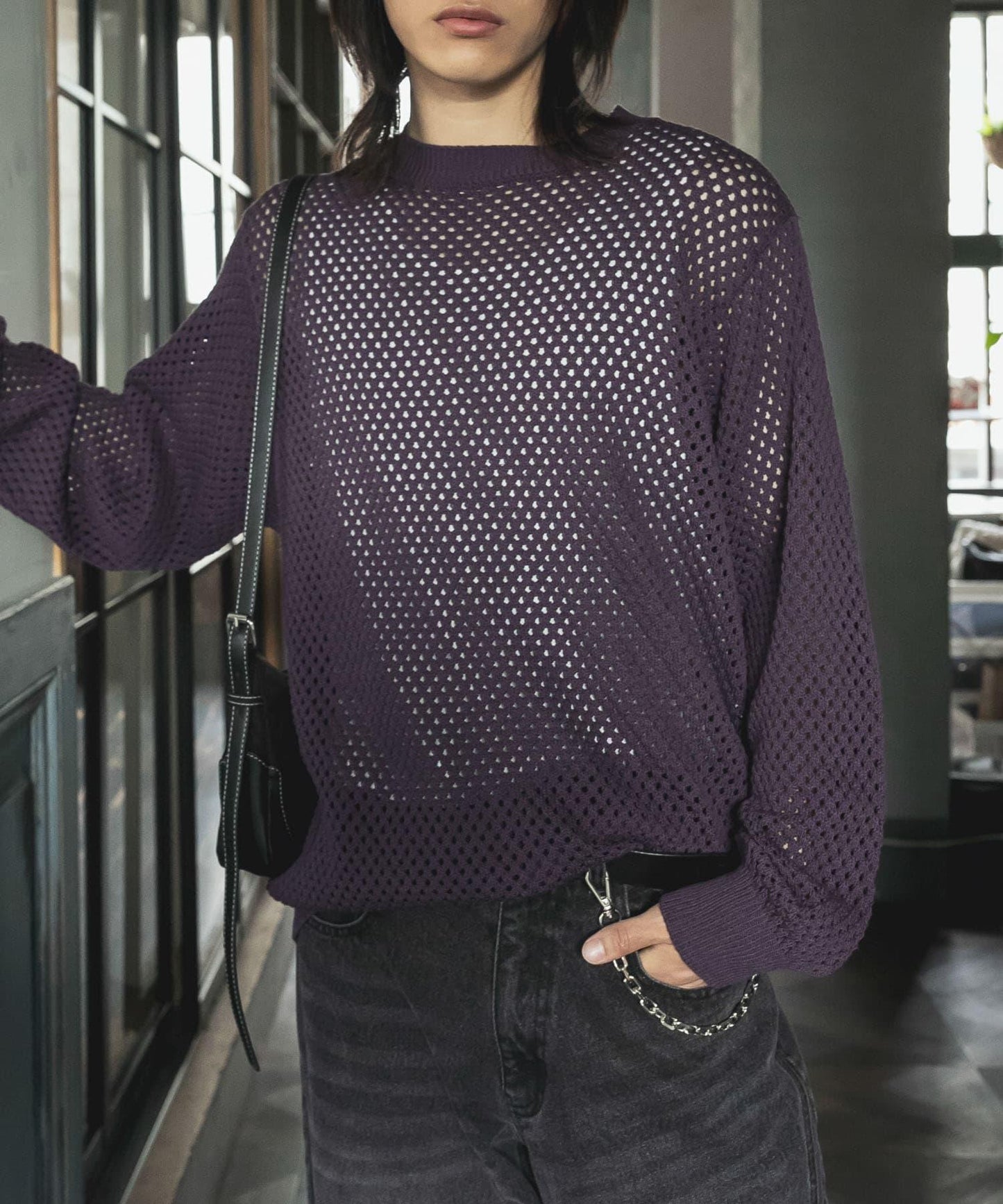 可水洗透視網紗圓領針織衫