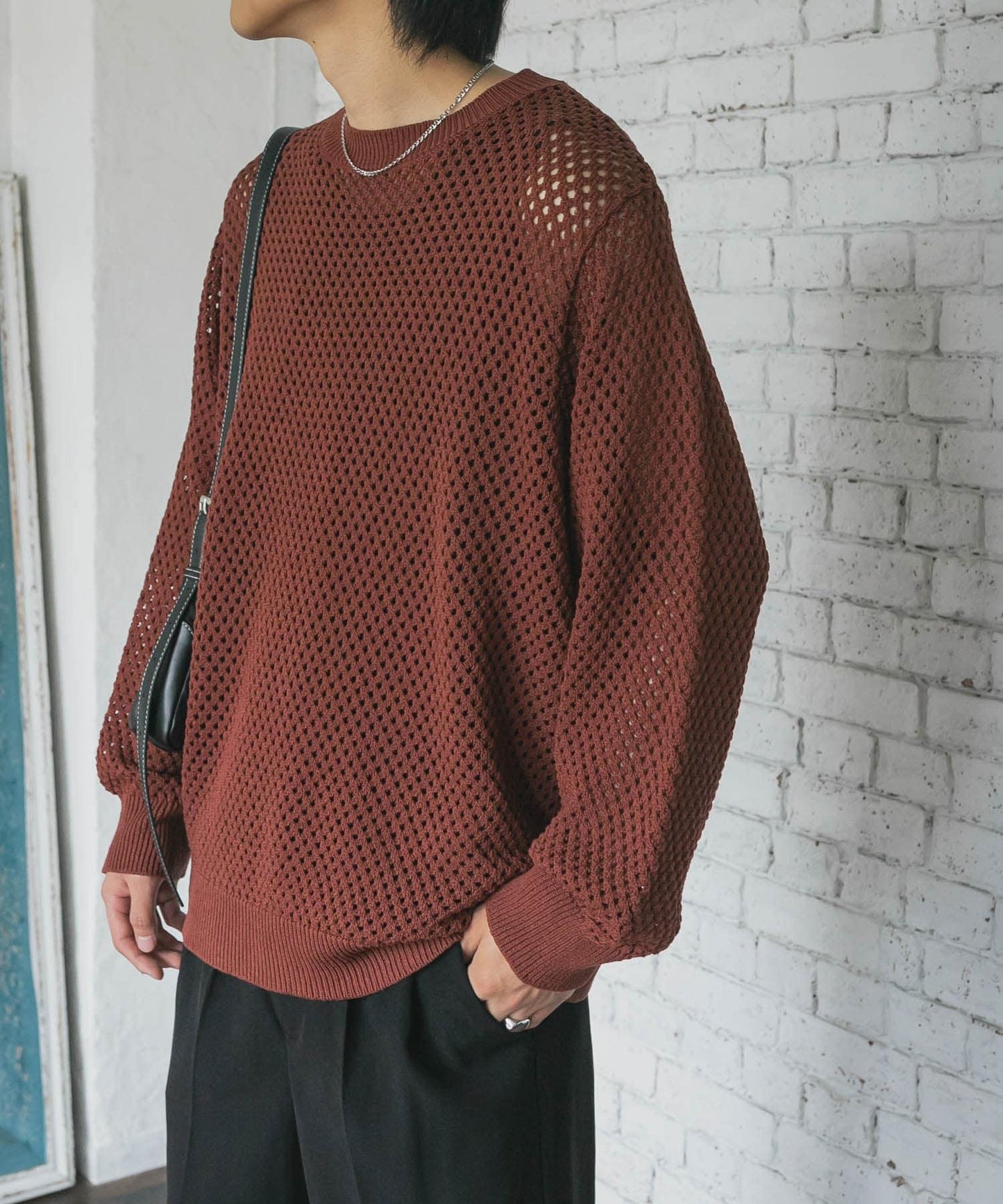 可水洗透視網紗圓領針織衫