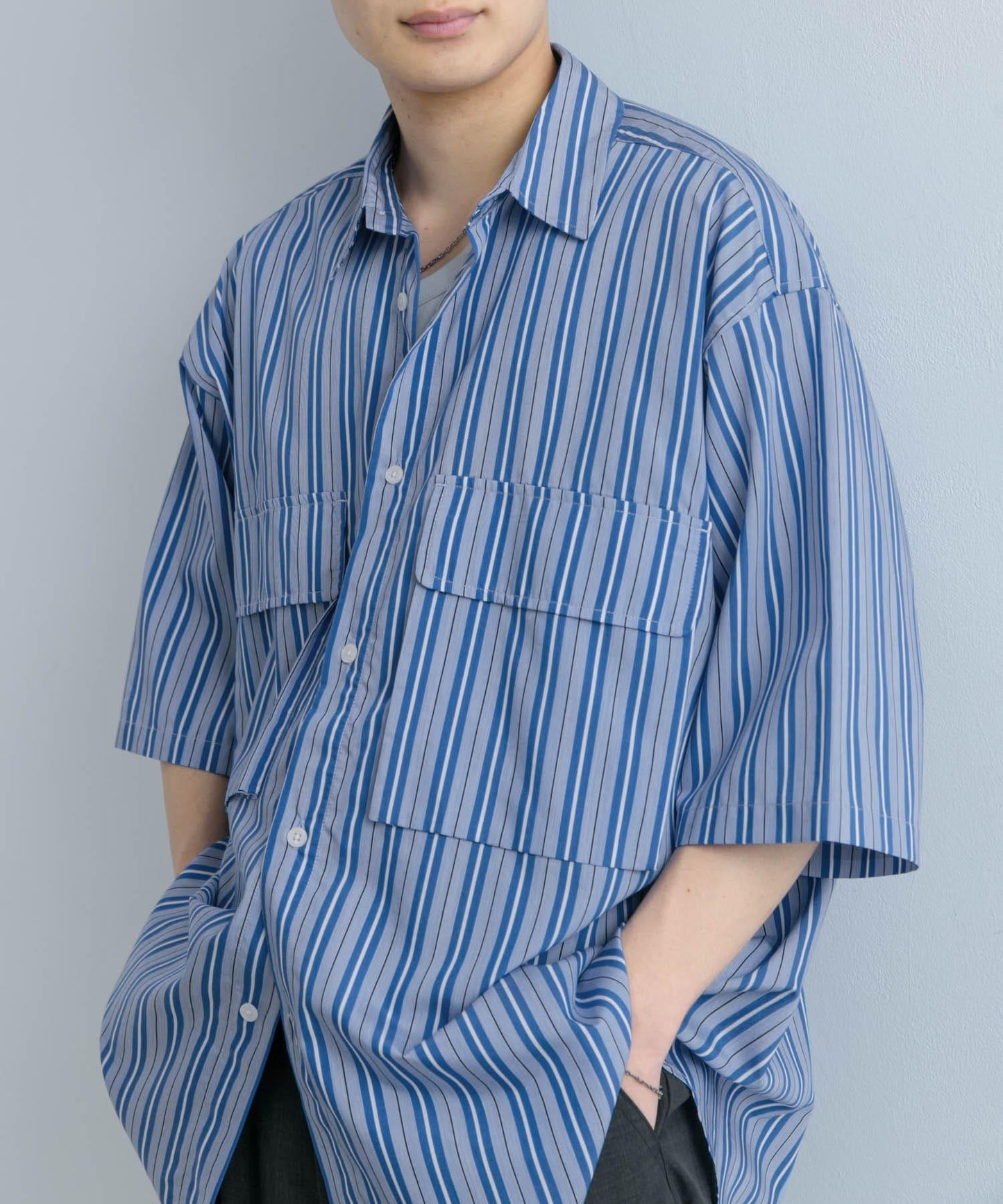 條紋CPO寬鬆襯衫（五分袖）