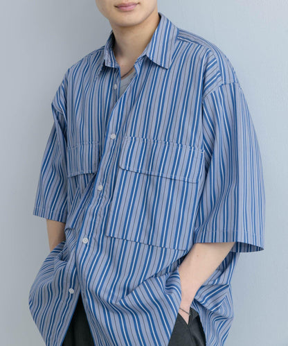 條紋CPO寬鬆襯衫（五分袖）