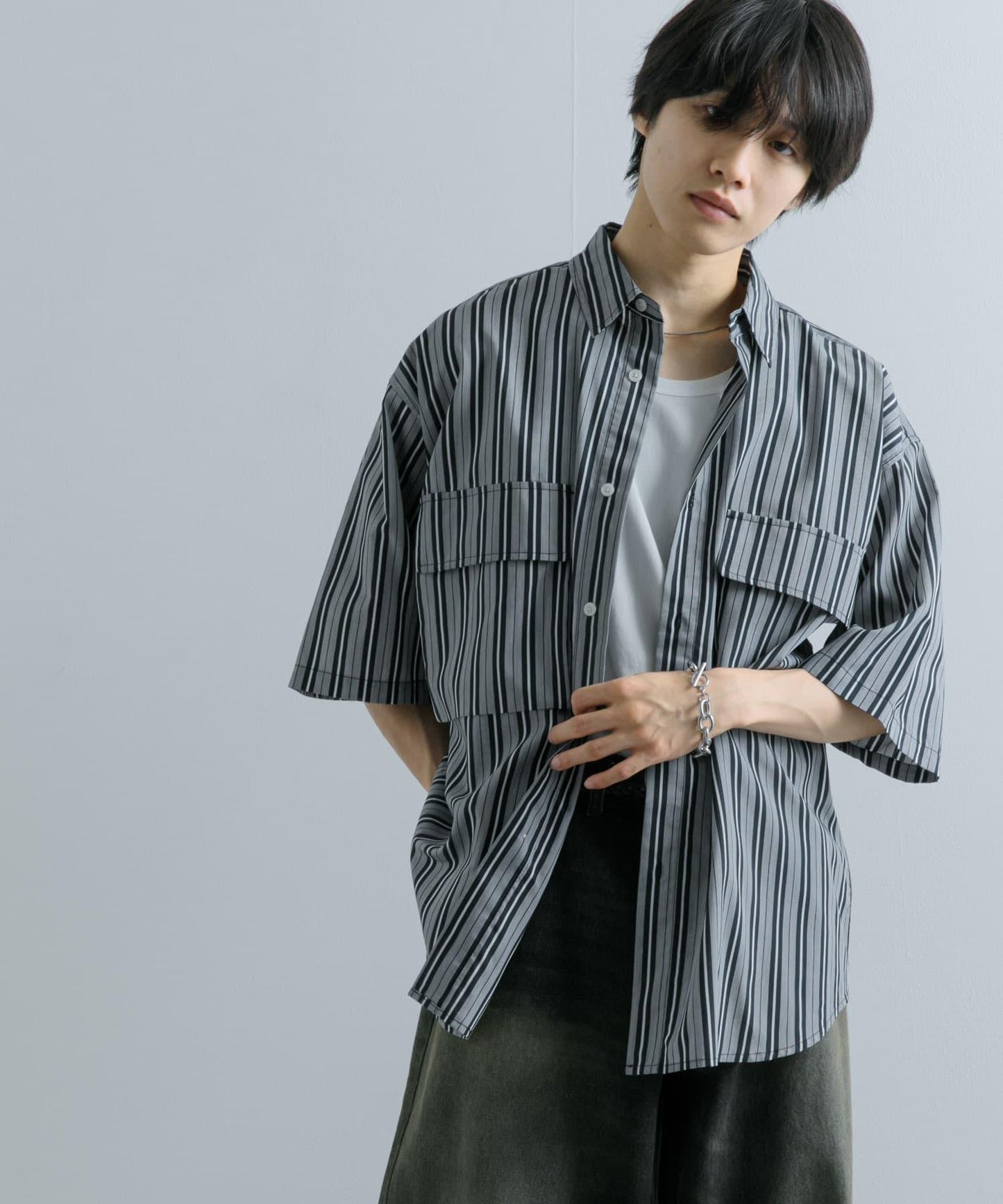 條紋CPO寬鬆襯衫（五分袖）
