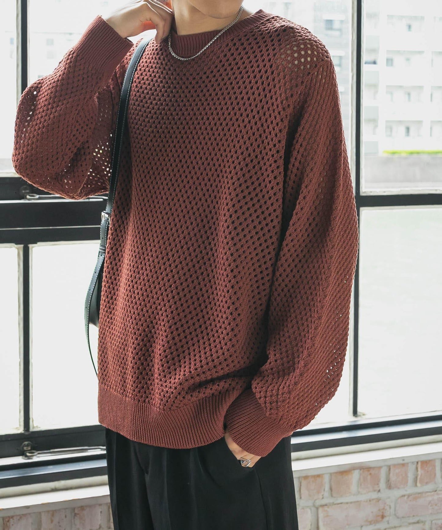 可水洗透視網紗圓領針織衫