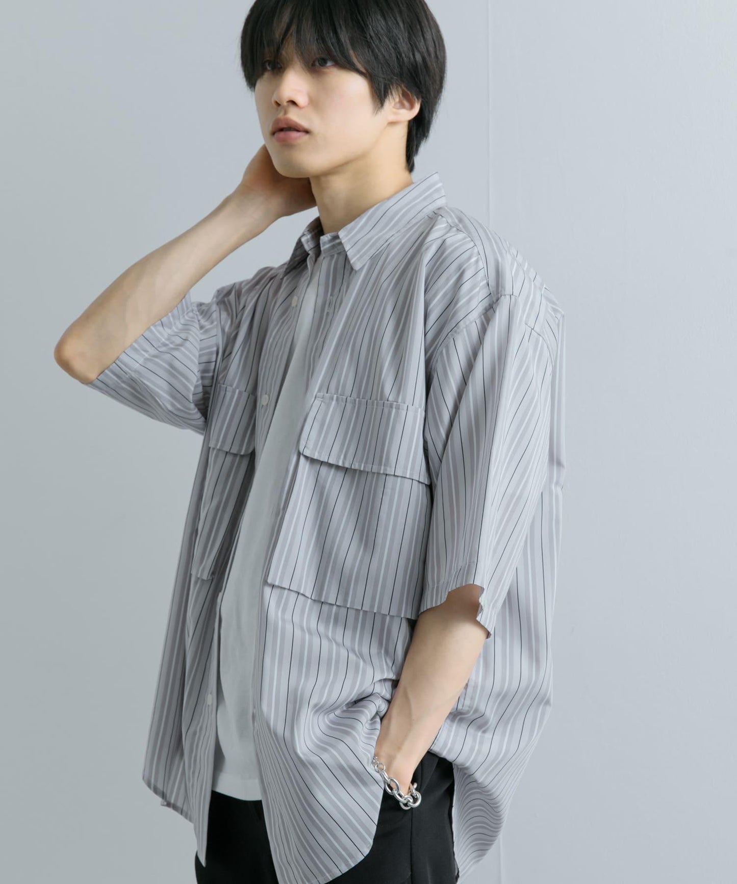 條紋CPO寬鬆襯衫（五分袖）