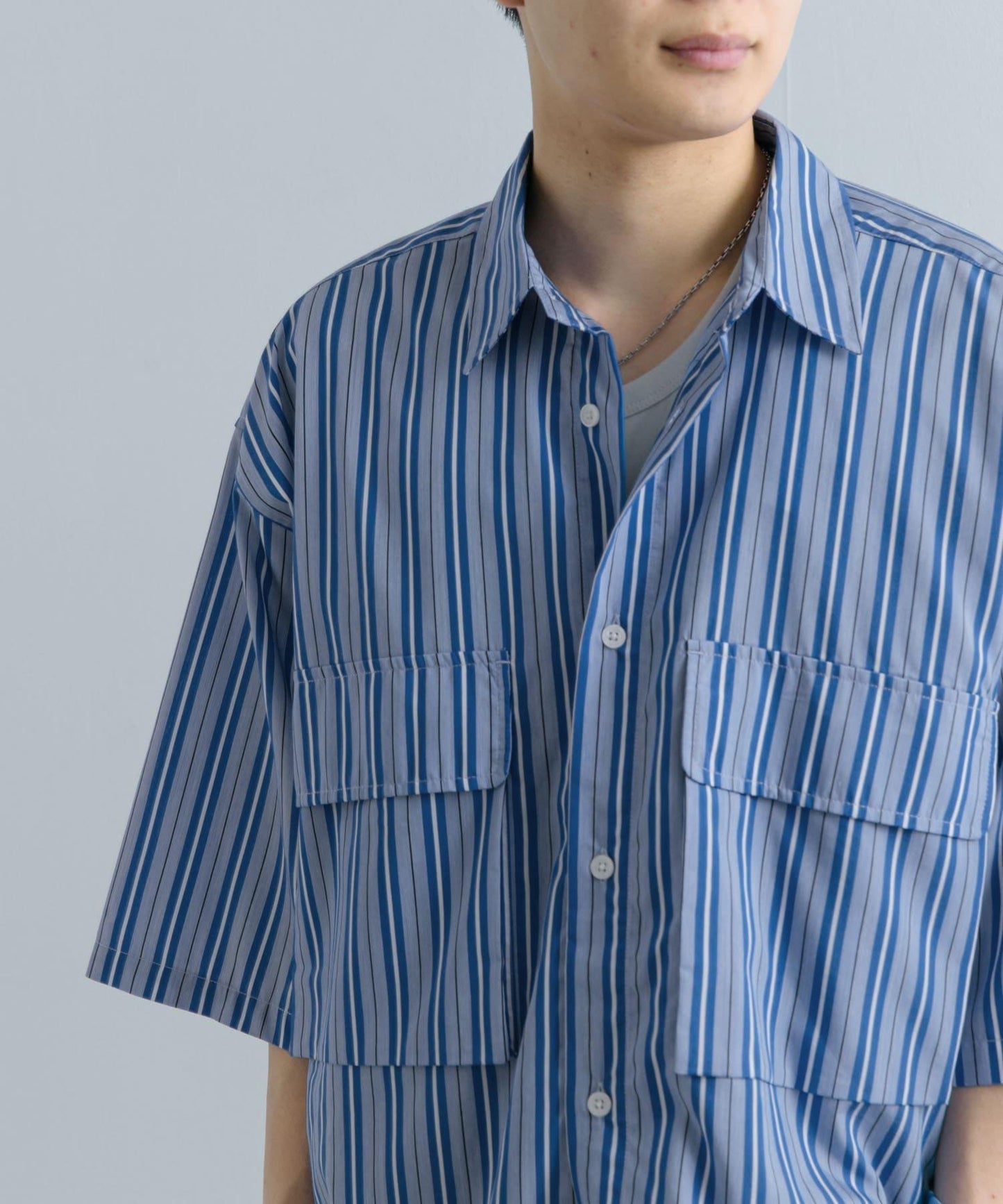 條紋CPO寬鬆襯衫（五分袖）
