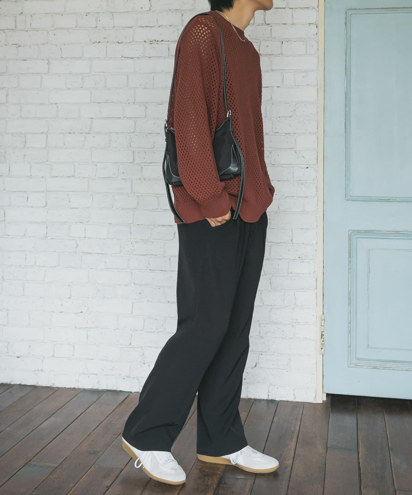 可水洗透視網紗圓領針織衫