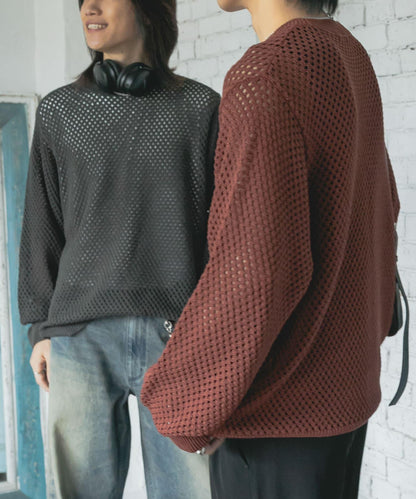 可水洗透視網紗圓領針織衫