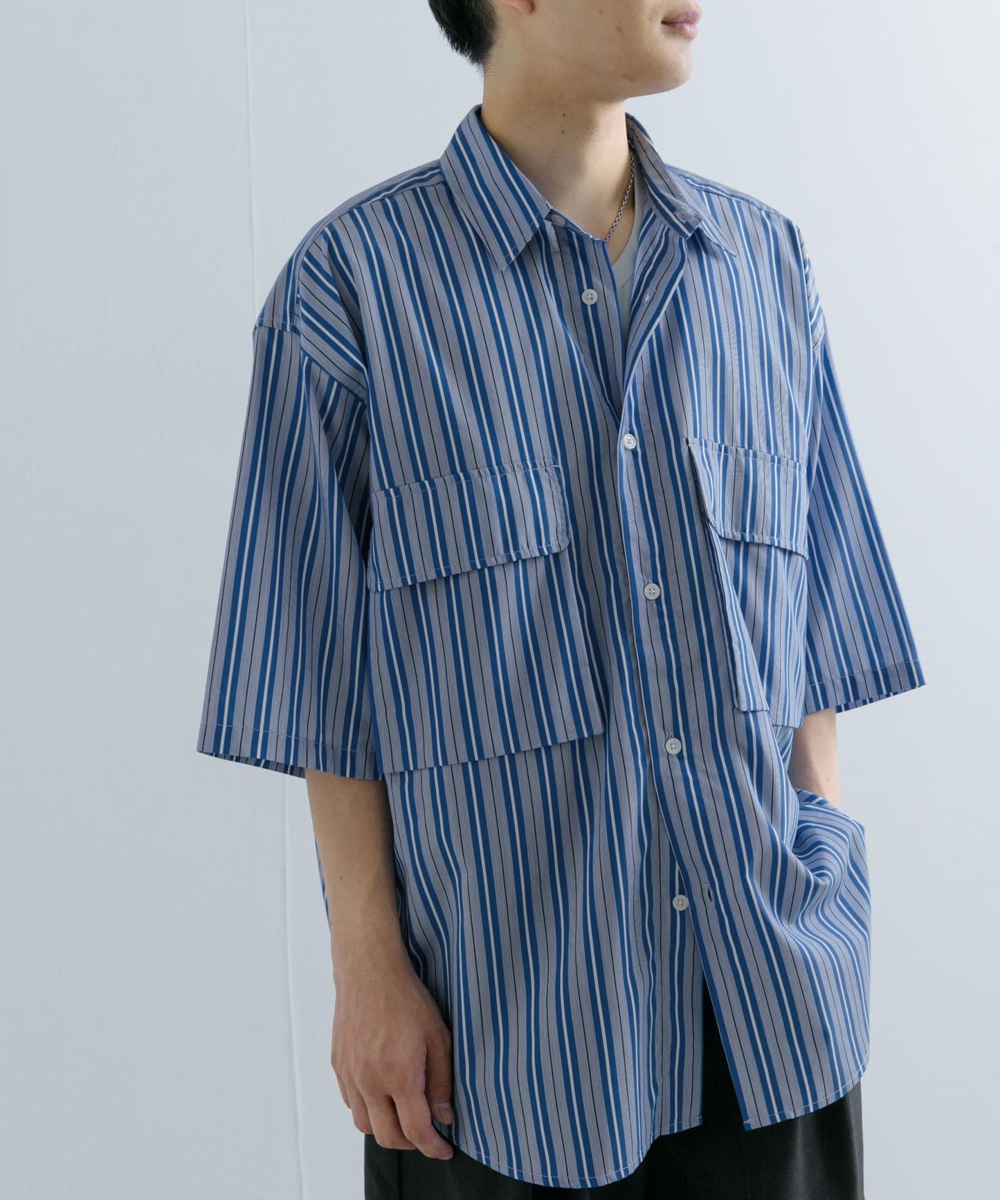 條紋CPO寬鬆襯衫（五分袖）