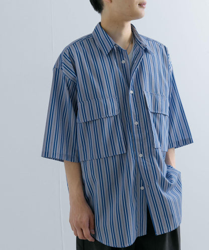 條紋CPO寬鬆襯衫（五分袖）