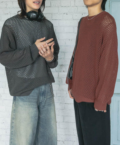 可水洗透視網紗圓領針織衫