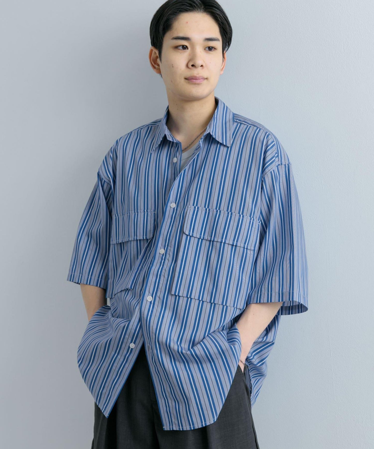 條紋CPO寬鬆襯衫（五分袖）
