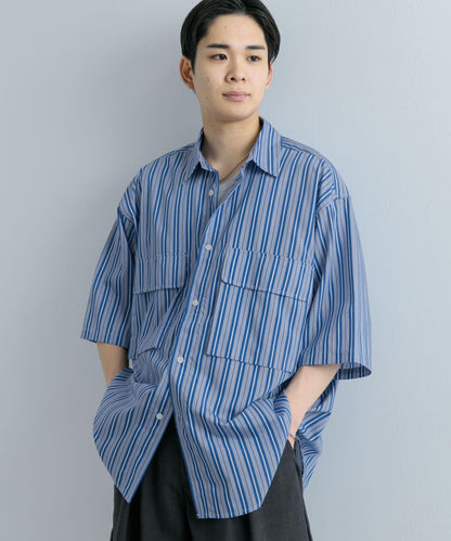 條紋CPO寬鬆襯衫（五分袖）