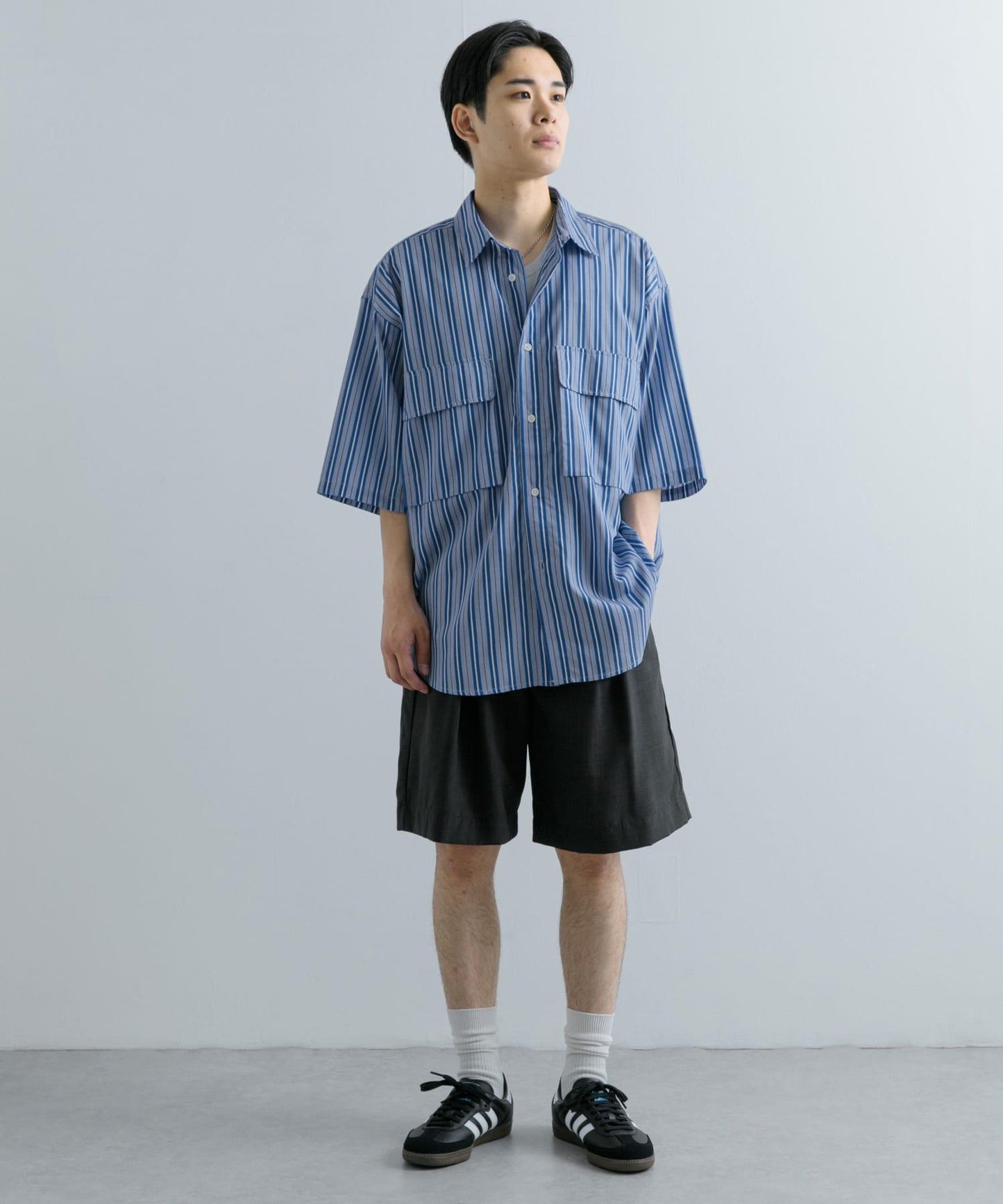 條紋CPO寬鬆襯衫（五分袖）