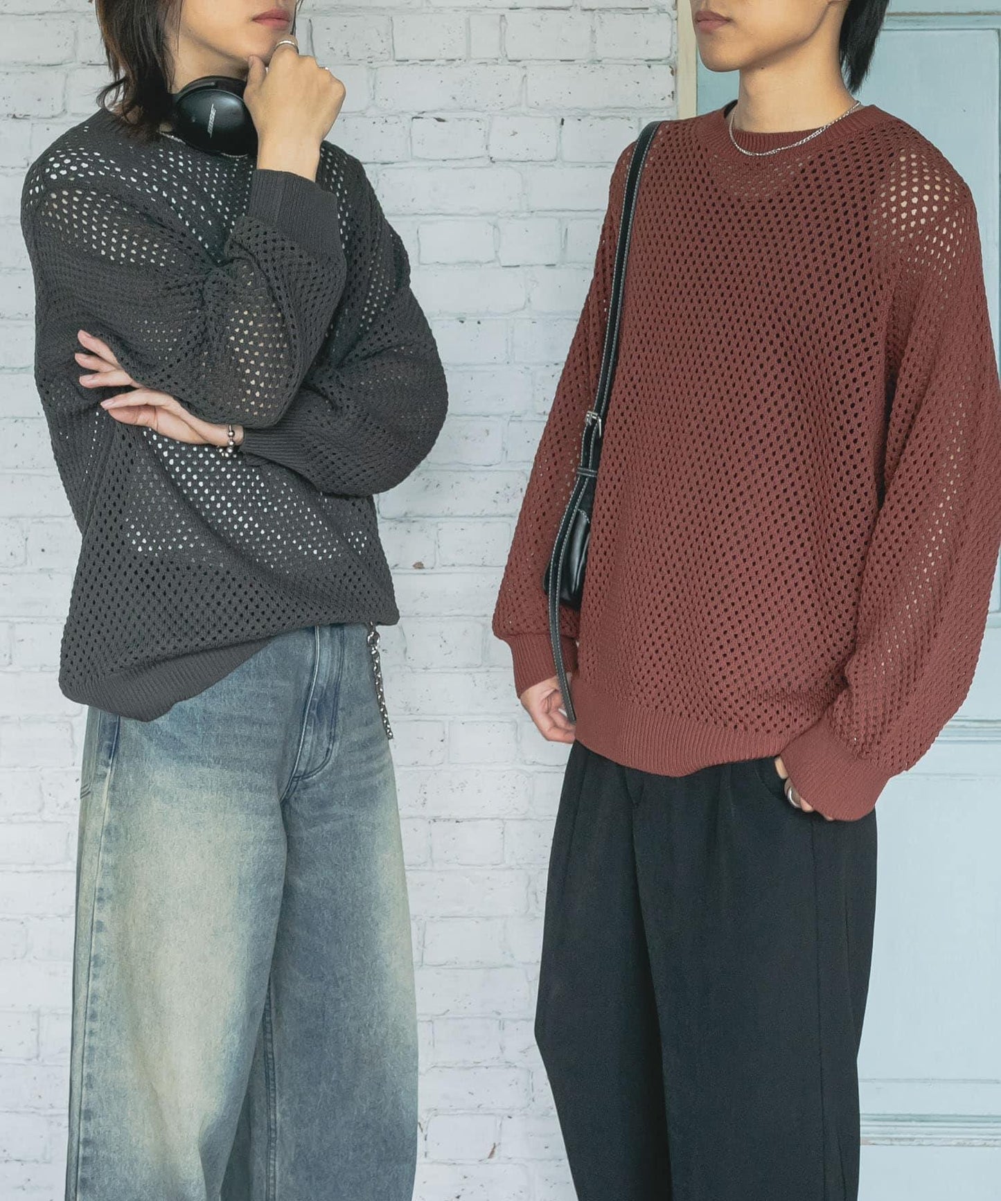 可水洗透視網紗圓領針織衫