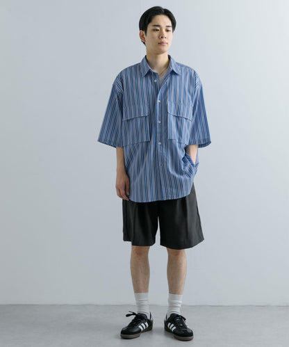 條紋CPO寬鬆襯衫（五分袖）