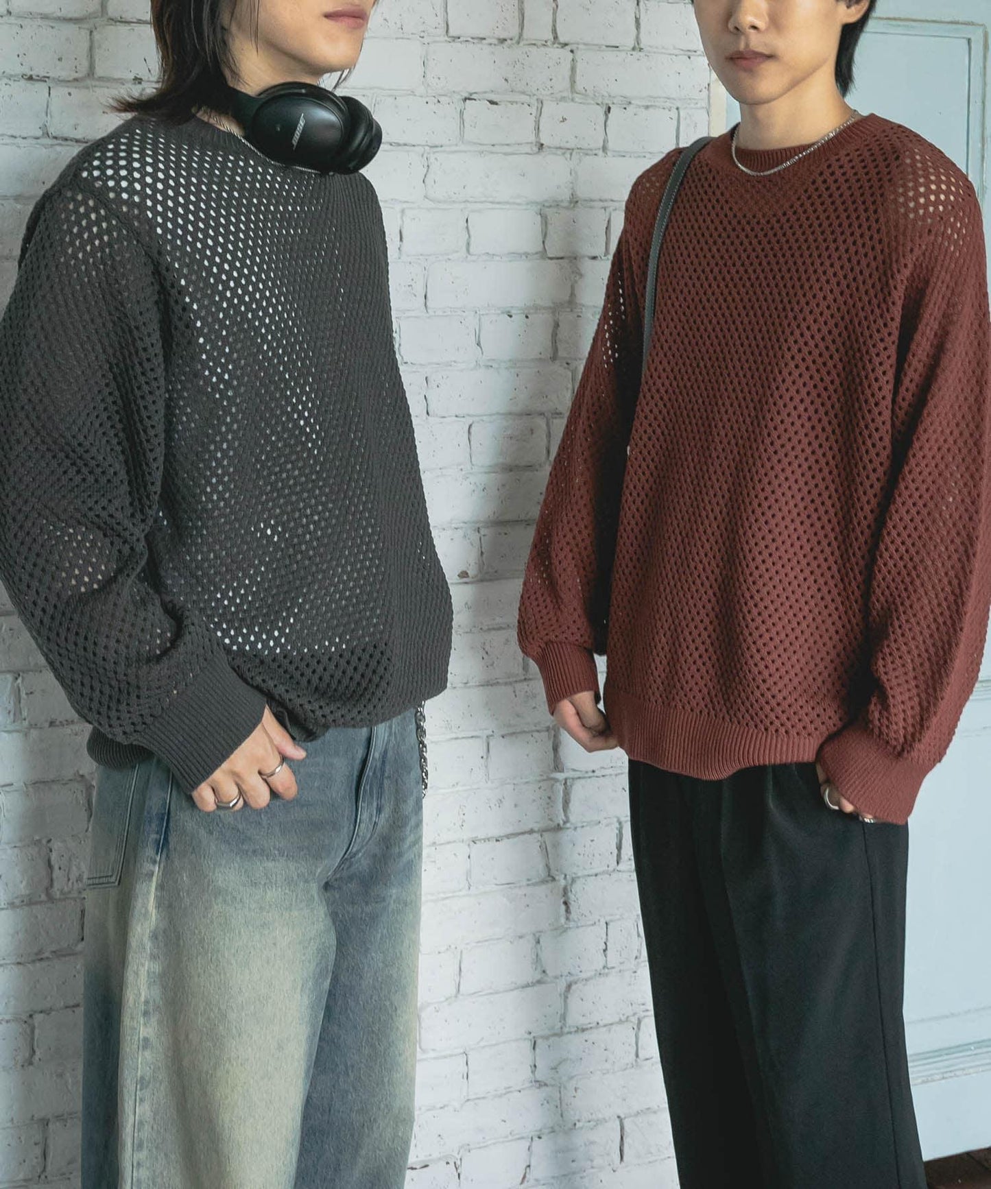 可水洗透視網紗圓領針織衫