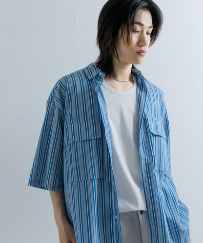 條紋CPO寬鬆襯衫（五分袖）