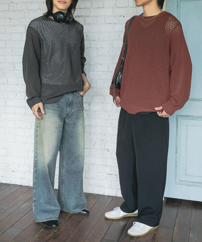 可水洗透視網紗圓領針織衫