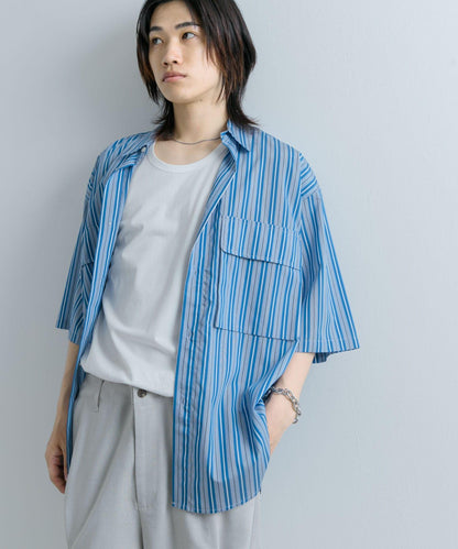 條紋CPO寬鬆襯衫（五分袖）