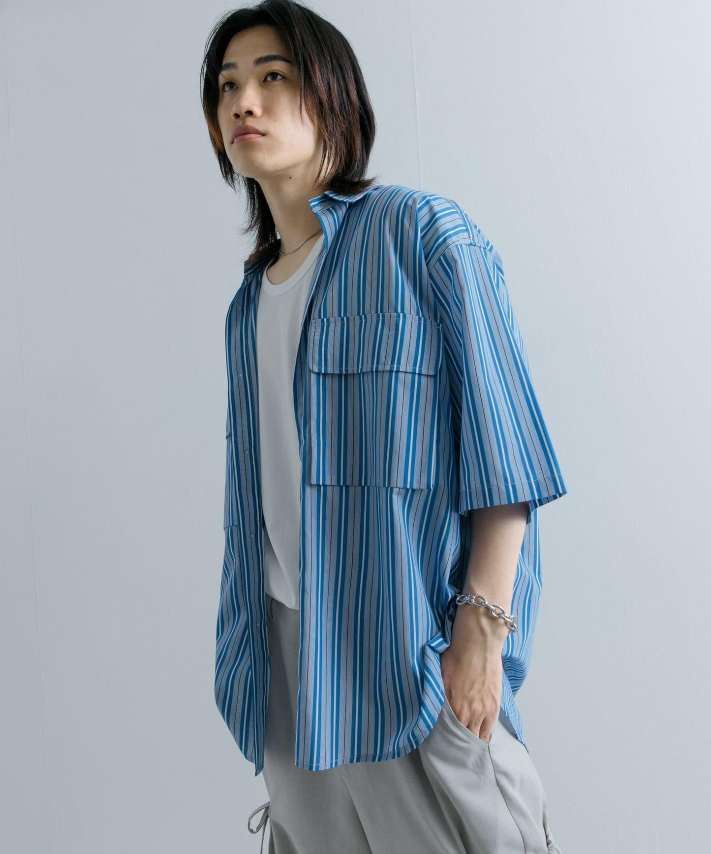條紋CPO寬鬆襯衫（五分袖）