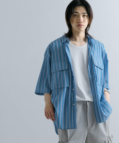 條紋CPO寬鬆襯衫（五分袖）