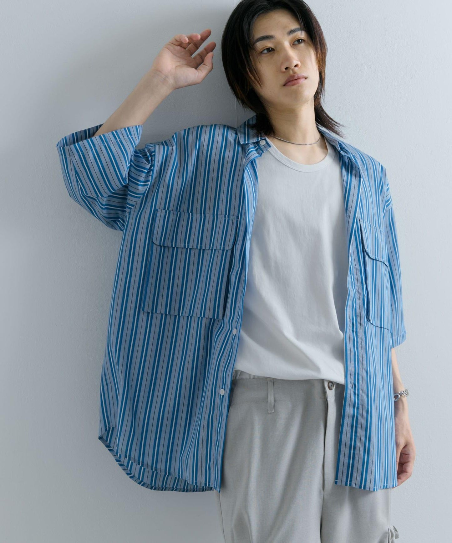 條紋CPO寬鬆襯衫（五分袖）