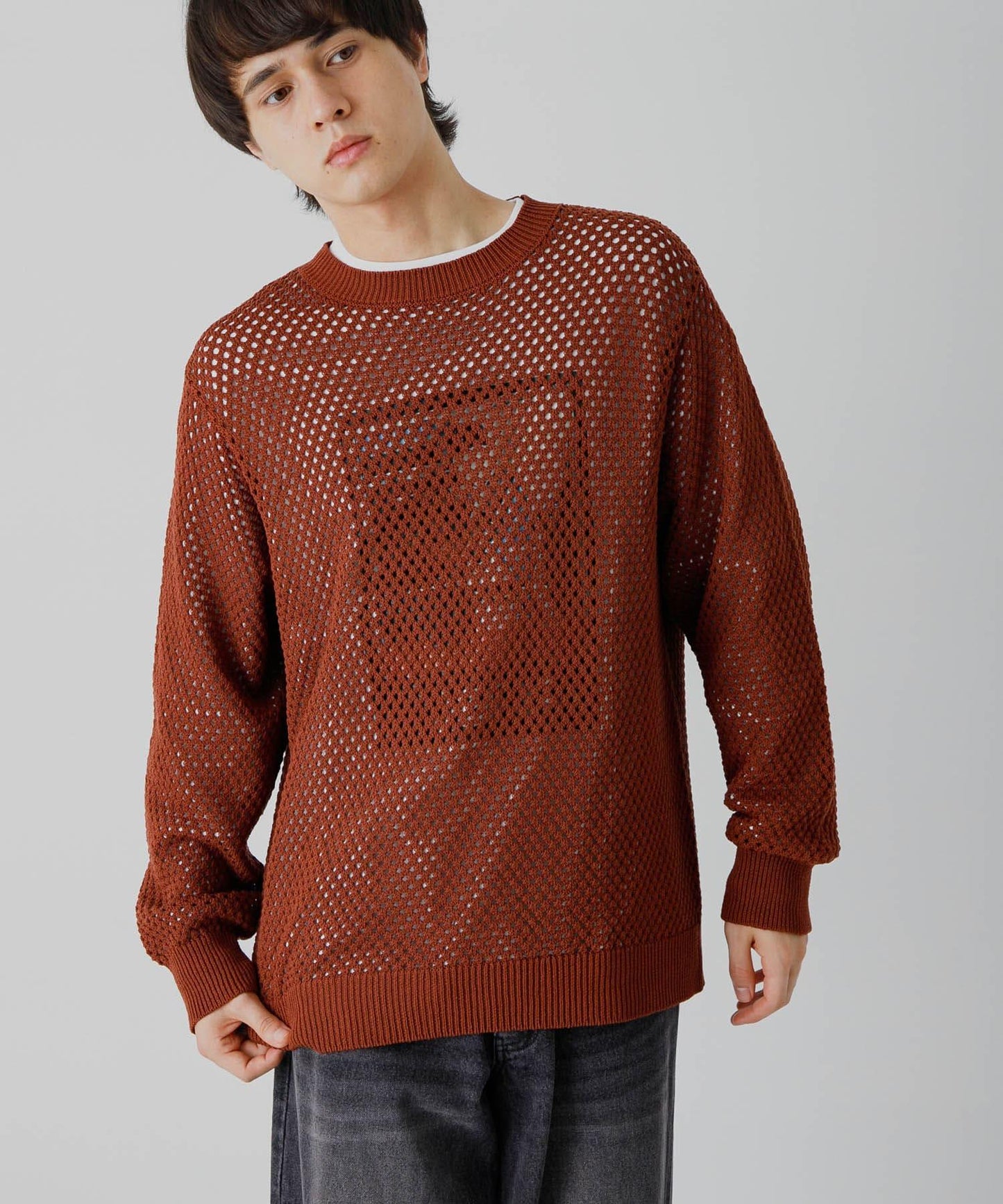 可水洗透視網紗圓領針織衫