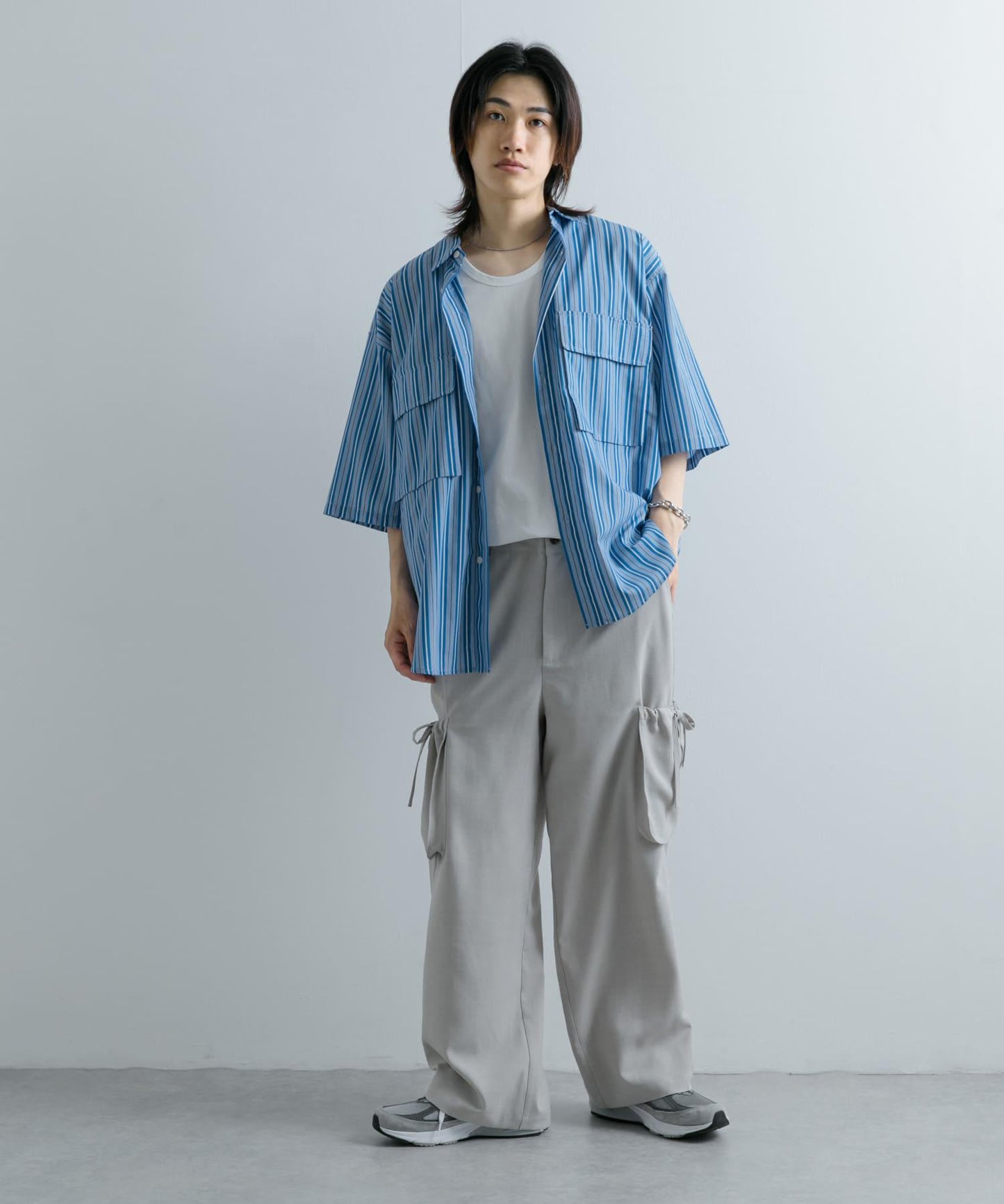 條紋CPO寬鬆襯衫（五分袖）