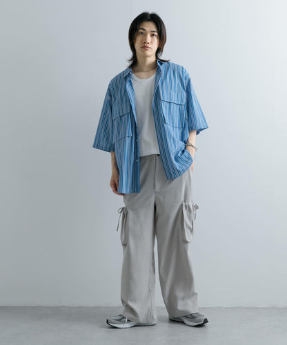 條紋CPO寬鬆襯衫（五分袖）
