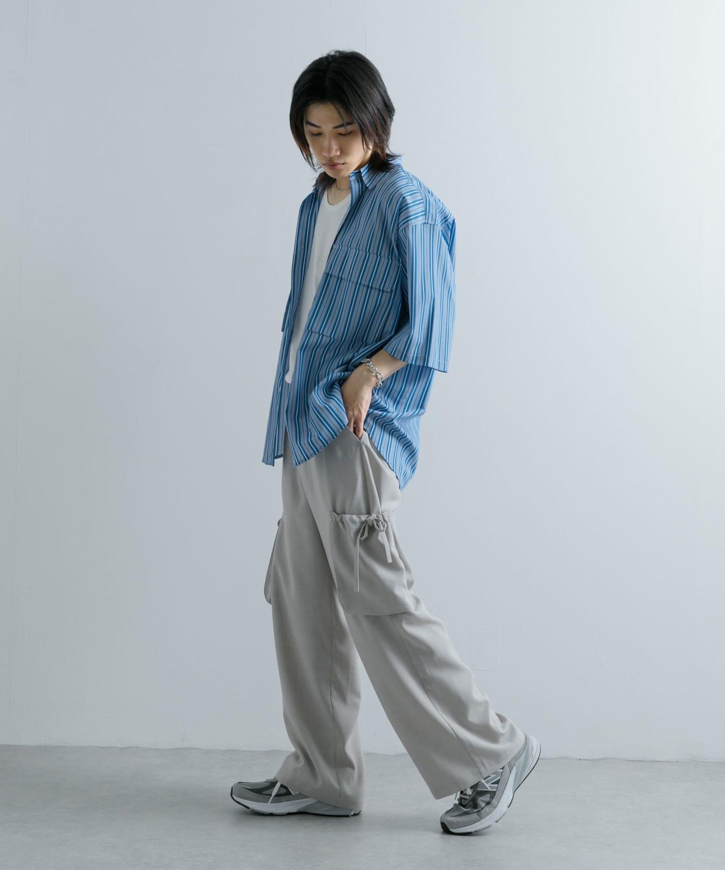 條紋CPO寬鬆襯衫（五分袖）