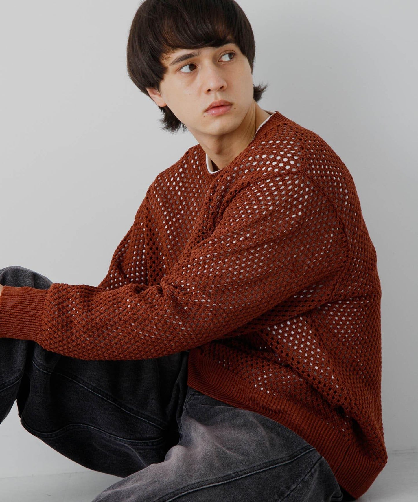 可水洗透視網紗圓領針織衫