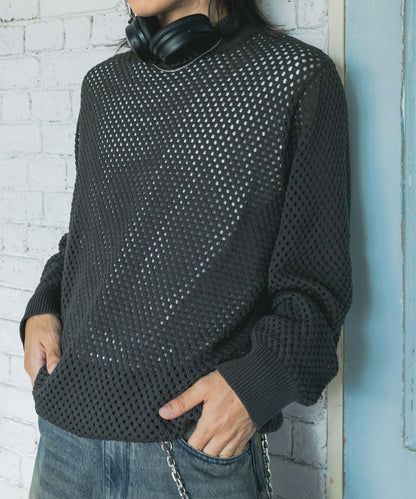 可水洗透視網紗圓領針織衫