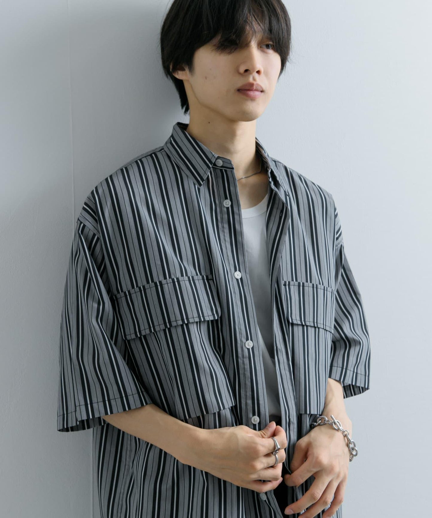 條紋CPO寬鬆襯衫（五分袖）