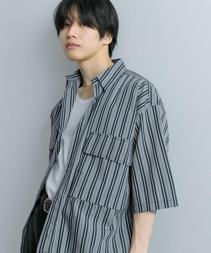 條紋CPO寬鬆襯衫（五分袖）