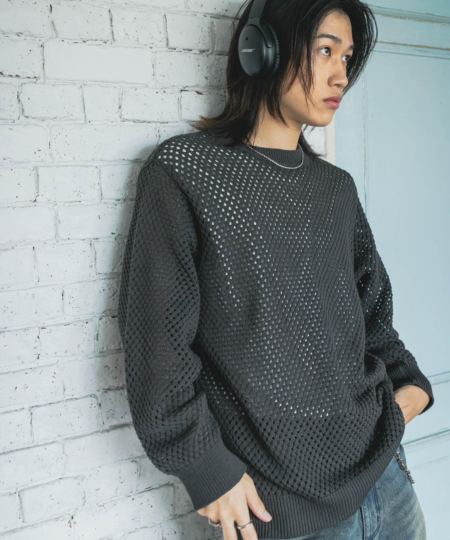 可水洗透視網紗圓領針織衫