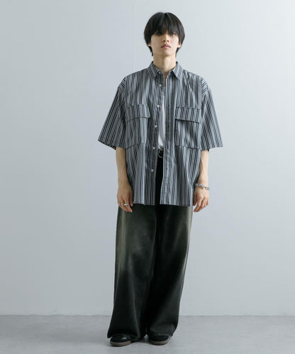 條紋CPO寬鬆襯衫（五分袖）