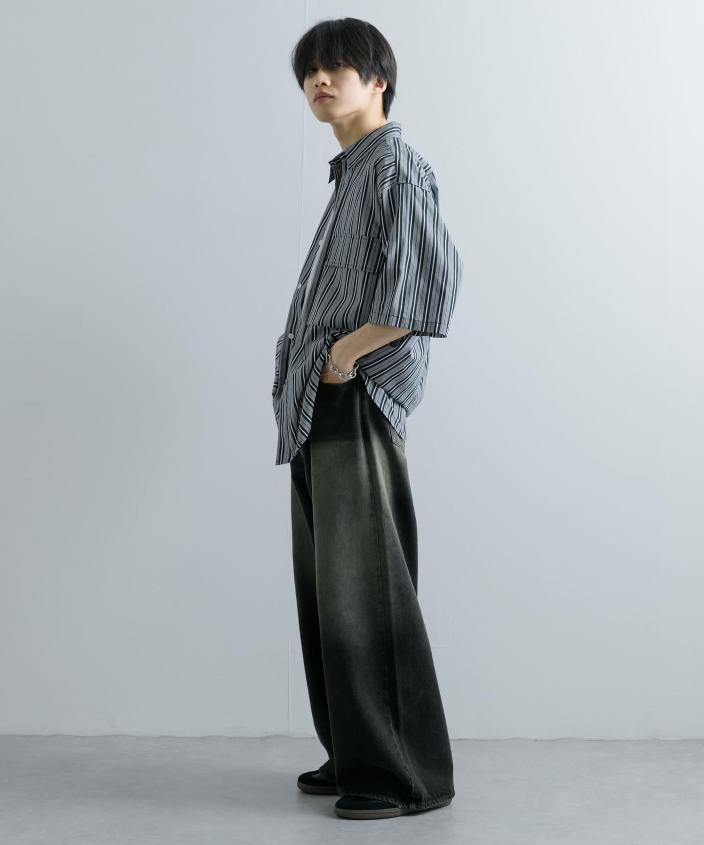 條紋CPO寬鬆襯衫（五分袖）