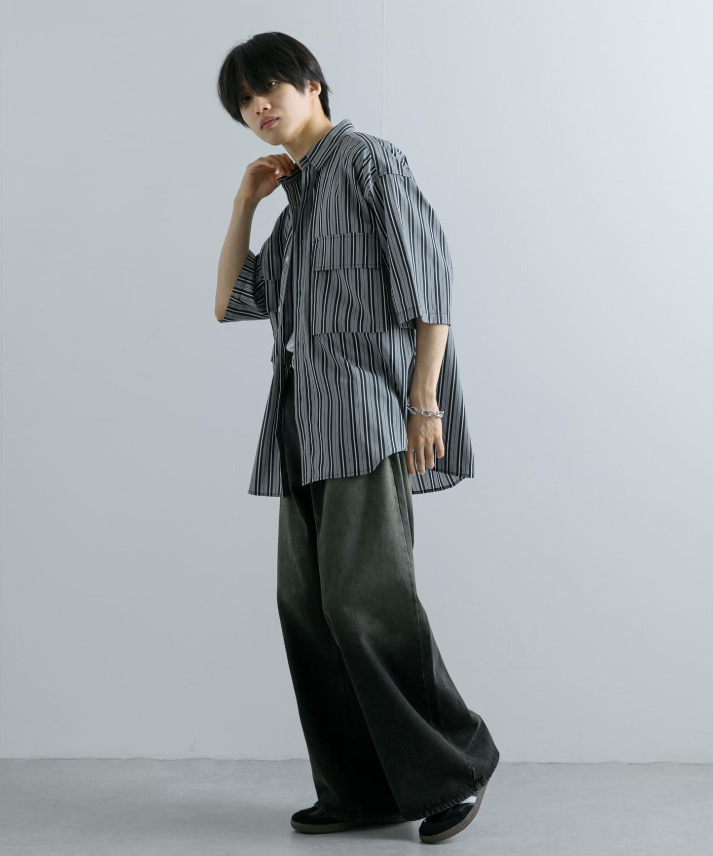 條紋CPO寬鬆襯衫（五分袖）