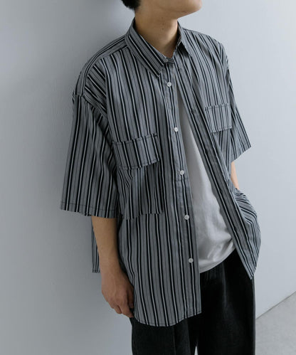 條紋CPO寬鬆襯衫（五分袖）